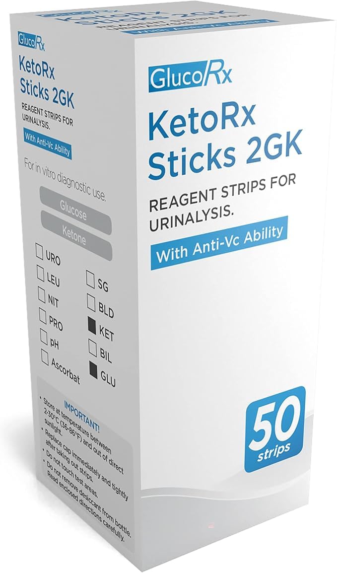 GlucoRx KetoRx Sticks 2GK - Reagent Strips for Urinalysis - with Anti-Vc Ability - 2 x Boxes - 100 Strips
