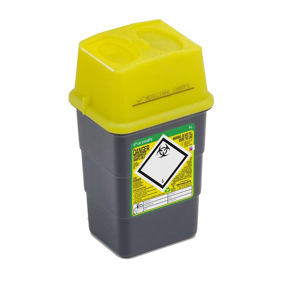 Sharpsafe 1 Litre 5th Generation Yellow /Grey -Sharps Bin Clinical Waste Disposal