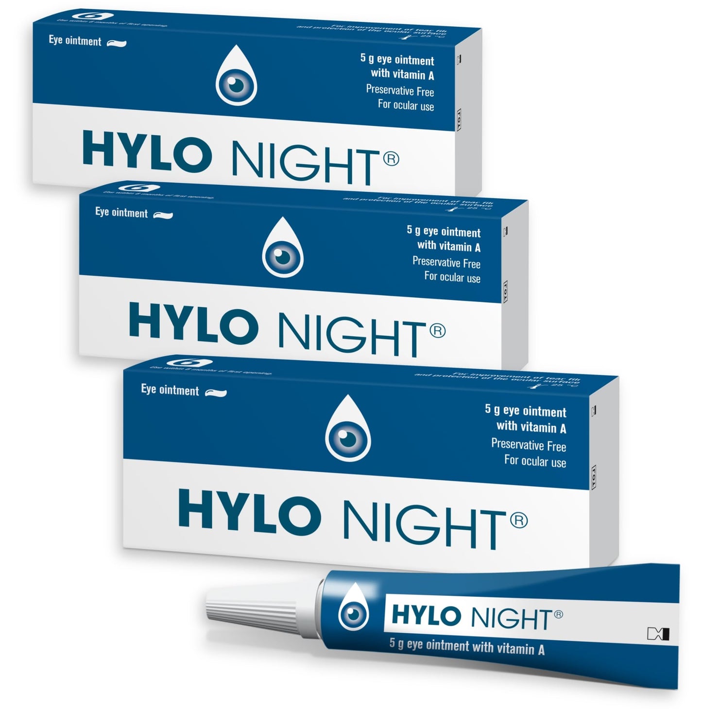 HYLO Night - 3 Pack - Preservative- & Phosphate-Free Eye Ointment for Dry Eyes While Sleeping - 3x5g