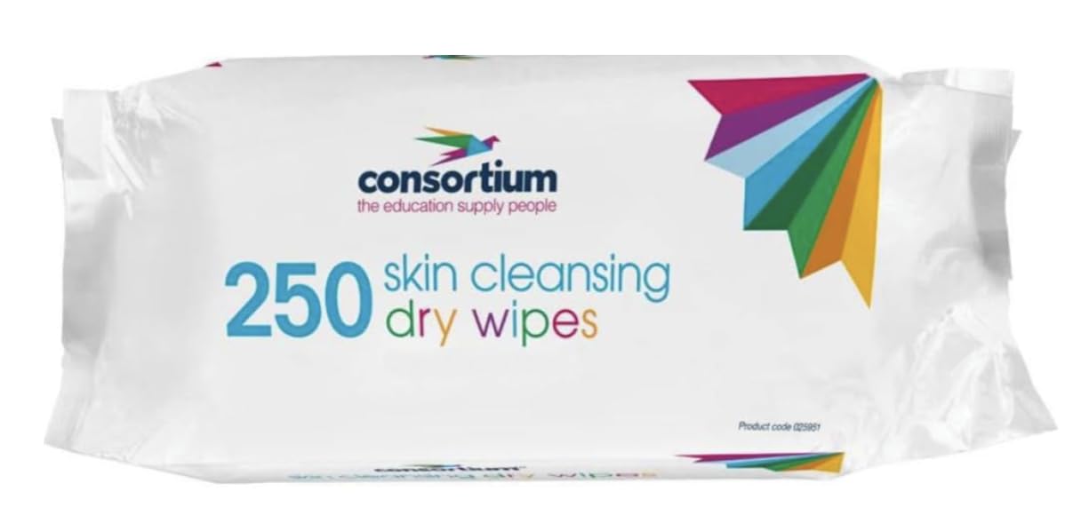 Consortium Dry Skin Cleansing Wipes – 250 Disposable, Lint-Free Large Wipes (26x20cm) – Soft & Absorbent for Baby Care, Incontinence, Personal Hygiene, Patient Use
