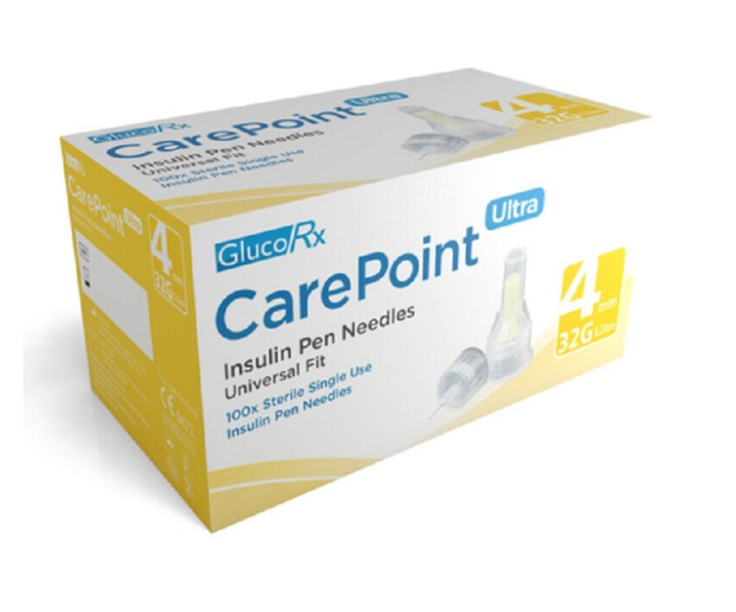 GlucoRX CarePoint Ultra Pen Needles 100 x 4mm 32G - Works with Mounjaro Saxenda Wegovy