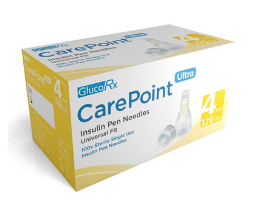 GlucoRX CarePoint Ultra Pen Needles 100 x 4mm 32G - Works with Mounjaro Saxenda Wegovy