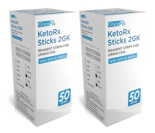 GlucoRx KetoRx Sticks 2GK - Reagent Strips for Urinalysis - with Anti-Vc Ability - 2 x Boxes - 100 Strips