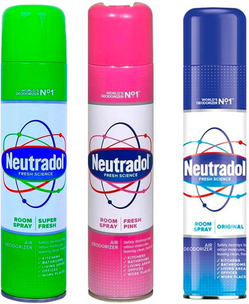 Neutradol Air Freshener Spray Bundle – 3x 300ml Aerosol Odour Neutraliser for Home, Bathroom, Kitchen – Super Fresh, Fresh Pink, Original