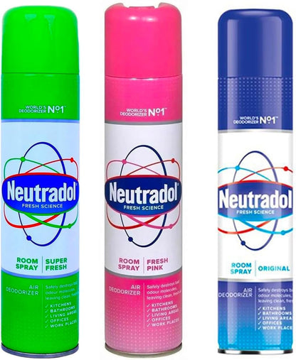 Neutradol Air Freshener Spray Bundle – 3x 300ml Aerosol Odour Neutraliser for Home, Bathroom, Kitchen – Super Fresh, Fresh Pink, Original